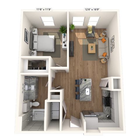 Floor plan for 1 bed, 1 bath, 753 sqft